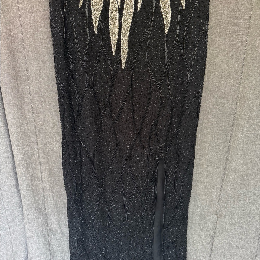 Vintage SCALA Silk Beaded Formal Evening Maxi Dress Petite Small Silver Black - Picture 3 of 13